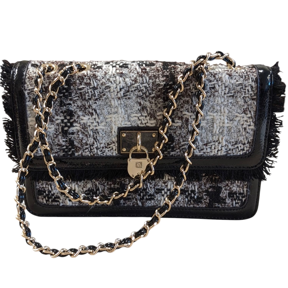 Anne Klein-Lion Lady Black & White Tweed Flap Shoulder/Crossover Bag